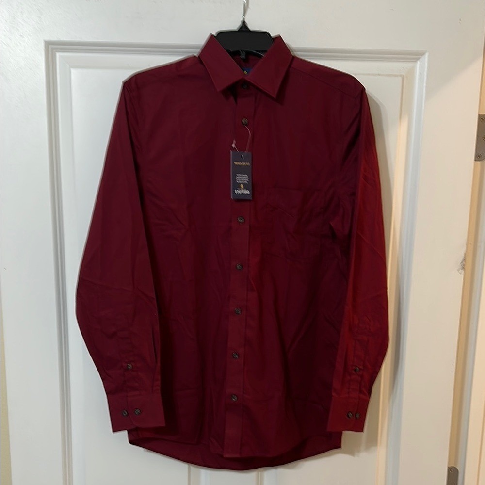 Stafford Mens Regular Fit Dress Shirt Burgundy Red Stretch Small 14-14.5 32-33